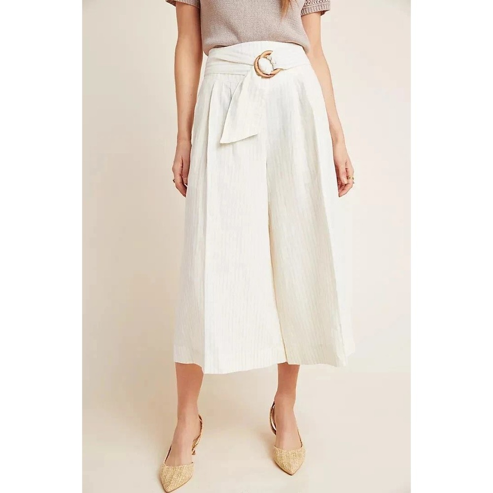 Anthropologie Linen Blend Wide Leg Cropped Pants Pinstripe Belted Cream Size 8